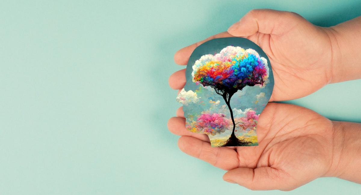 Ein Kopf mit positiven Gedanken und Bildern